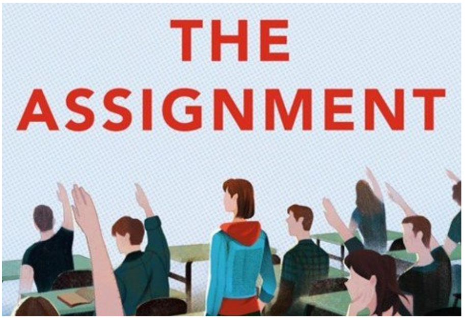 Cover illustration of 'The Assignment' depicting diverse students seated in a classroom with several raising their hands to participate