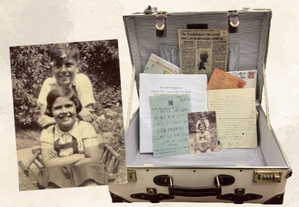 romotional graphic with the headline 'For a Brighter Future: Give the Gift of UNPACKING HISTORY: Personal Stories and Artifacts from the Holocaust.' Features a vintage photograph of two smiling children and an open suitcase filled with historical documents, letters, photographs, and newspaper clippings from the Holocaust era.