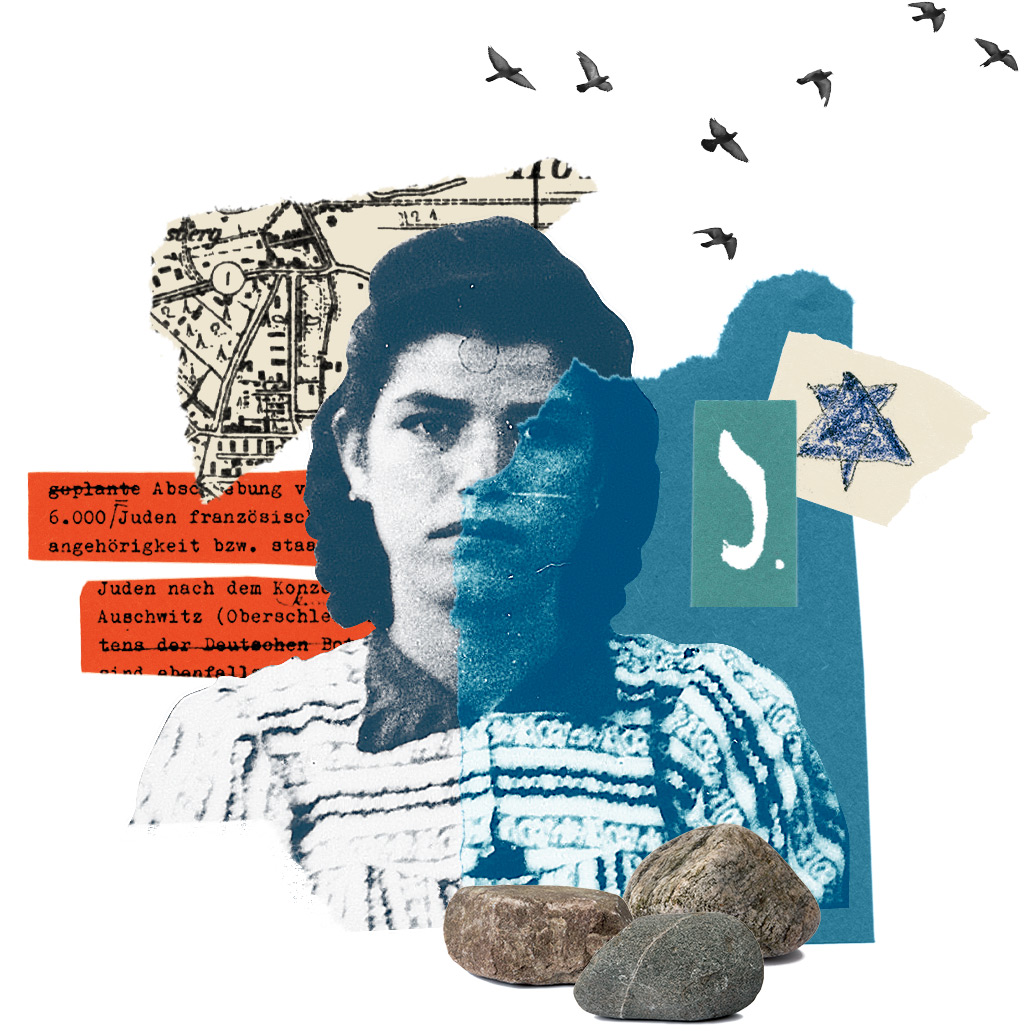 Holocaust Education Map logo featuring a stylized composite image in teal and sepia tones. The design incorporates layered historical photographs including a portrait, buildings, birds in flight, and archival imagery, creating a collage effect that represents the interconnected nature of Holocaust history and education. An orange text box with white text appears on the left side. The artistic composition symbolizes HERC's TeachHolocaust.org platform, which provides lesson plans and resources for educators.