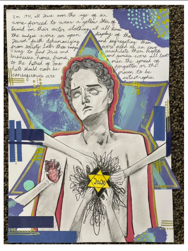 Branded" by Kyla Jones, 8th grade student. A mixed-media collage featuring a pencil-drawn figure of a gaunt young person with closed eyes and a pained expression, arms crossed over their chest. Their hands frame a yellow Star of David badge marked "Jude," from which chaotic black scribbles emanate like an open wound. An anatomical heart is visible on the figure's right side. The figure is outlined in red and set against layered blue and purple Star of David shapes. Handwritten text in the margins describes the 1941 Nazi decree requiring Jews over age six to wear the yellow star, and the devastating consequences of this dehumanizing policy. Gold and teal geometric elements and paint splatters add texture throughout.
