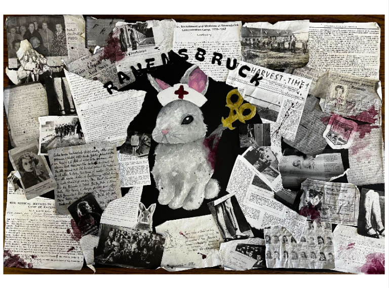 "Innocent to the Eye," a mixed-media collage by eighth-grade student Lila Mashuga. A white rabbit wearing a nurse's cap with a red cross dominates the center, with a gold wind-up key inserted in its back. The word "RAVENSBRUCK" is spelled vertically in cut-out letters beside the rabbit, and "HARVEST TIME" appears in the upper right. The black background is layered with historical photographs, handwritten letters, typed documents, and newspaper clippings related to the Ravensbrück concentration camp, including images of women prisoners and references to Nazi medical experiments. Dark red stains resembling blood appear throughout the composition.