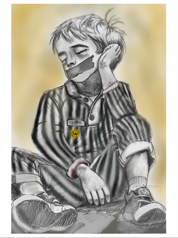 "Silenced Survivor" by Stella Brandt, 2025 Contest Winner from Shorewood Intermediate School. A pencil and charcoal drawing depicts a young boy sitting cross-legged, wearing striped concentration camp prisoner uniform with a yellow Star of David badge and a prisoner number on his chest. A dark strip covers his mouth, symbolizing silence. His head rests wearily against one hand, and his expression conveys exhaustion and sorrow. The drawing is rendered primarily in grayscale with selective color highlighting the yellow star and a subtle warm background.