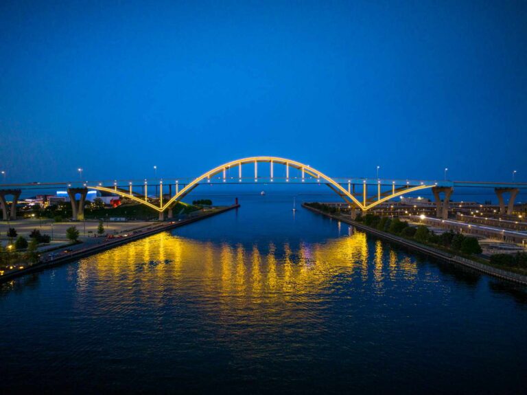 Milwaukee's Hoan Bridge lit in yellow in honor of International Holocaust Remembrance Day.